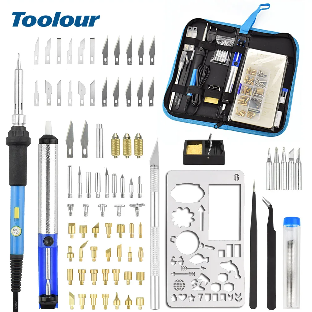 

Toolour Pyrography Set 60W EU/US Soldering Iron Kit 50pcs Pyrography Working Soldering Tips/24pcs DIY Craft Layering Stencils