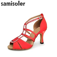 Samisoler красная новая ткань для вспышки Блестящий горный хрусталь Бальные модные танцевальные женские конкурс латиноамериканских танцев обувь