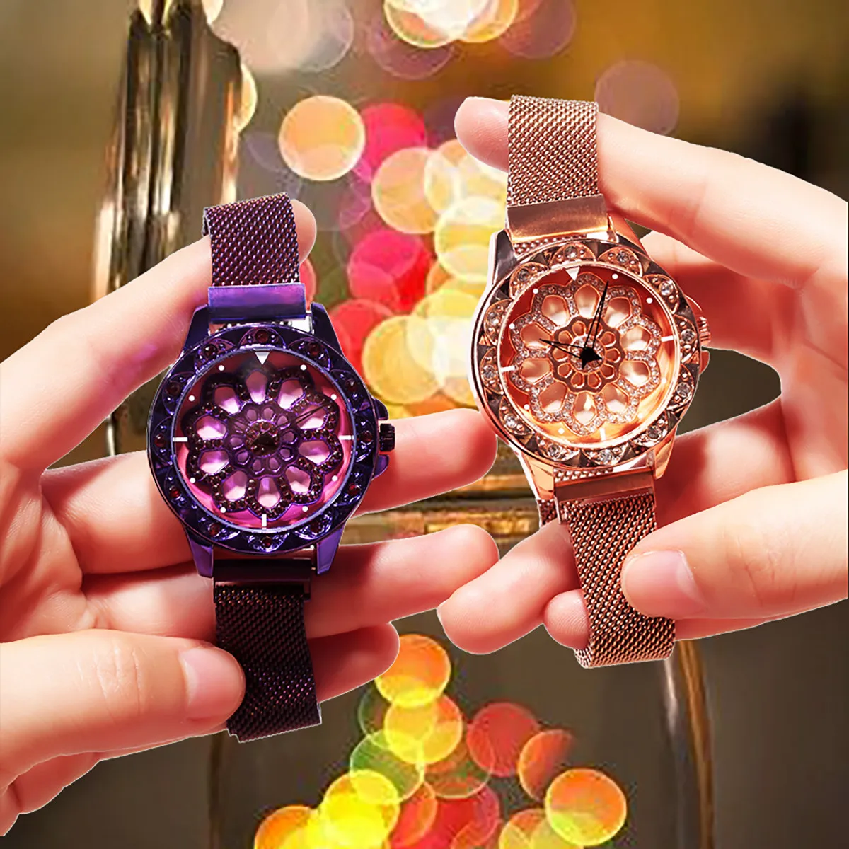 

360 degree rotation Women Watch Mesh Magnet Starry Sky Ladies Watch Luxury Fashion Quartz Watch Relogio Feminino Montres Femme@F