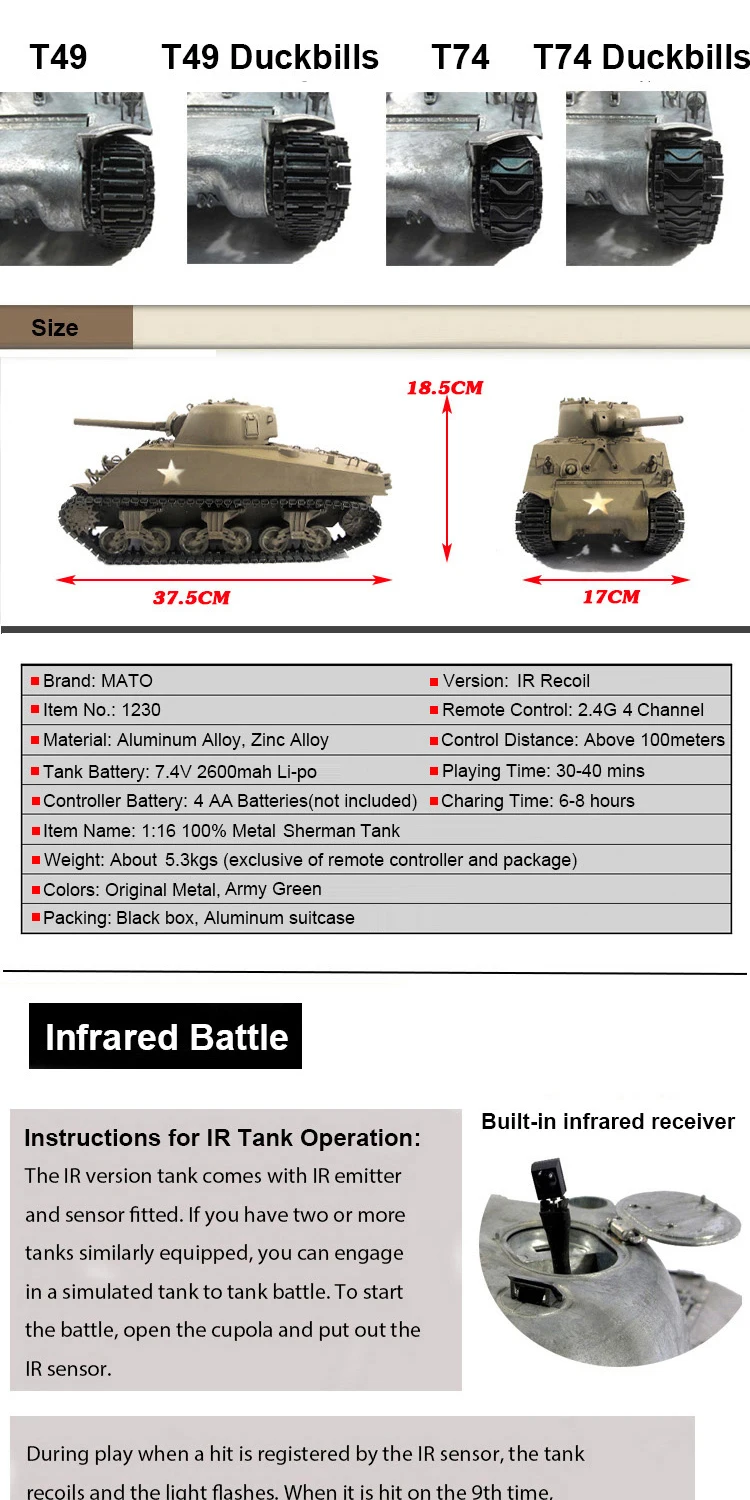 MATO II мировая война M4A3(75) W Шерман Полный металлический пульт дистанционного управления Recoil Barrel инфракрасные боевые танки 1/16 масштаб