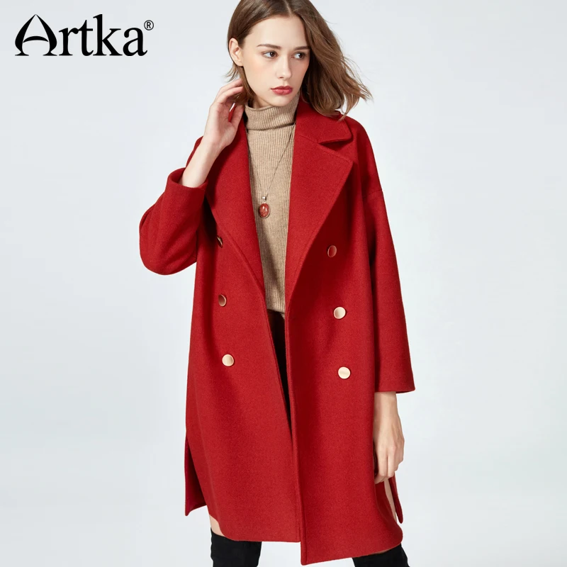 ARTKA Женское зимнее винтажное длинное красное шерстяное пальто куртка FA11179D