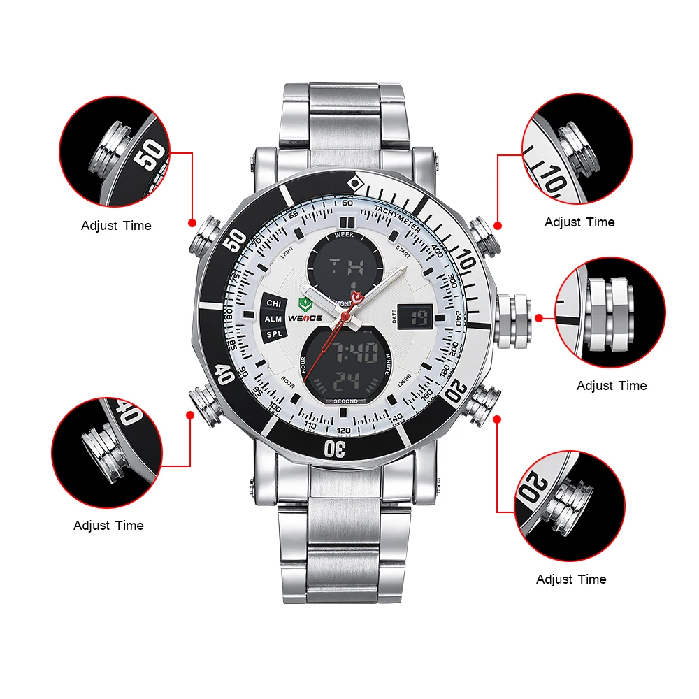 WEIDE Luxury Мужские кварцевые часы из нержавеющей стали Дата Цифровой LED белый