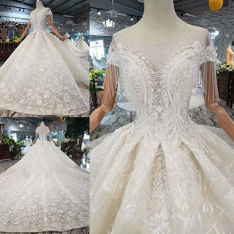 

SSYFashion New Luxury Wedding Dress High-end Light Champagne Court Train Sequins Beading Long Wedding Gown Custom Plus Size