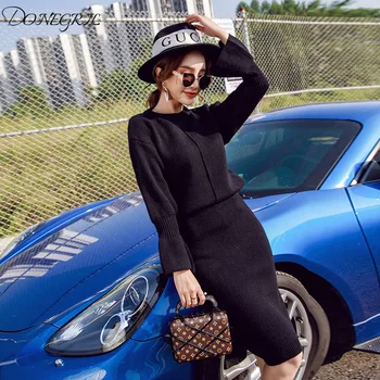 

2019 Autumn New Women's Cashmere sweaters Knitting Package Hip Fishtail Skirts 2 Piece Sets Female Dresses knitted Suit