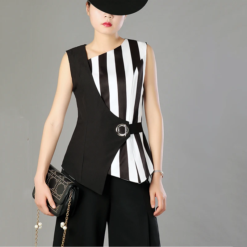 [XITAO] New 2018 Summer Europe Women Striped Patchwork Contrast Color Sleeveless Tops Female Irregular Collar Blouses KZH2019