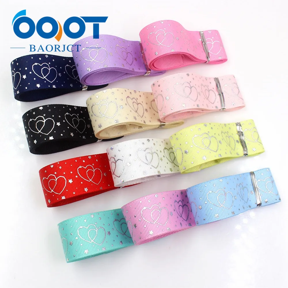 

OOOT BAORJCT I-19326-796,10yards 25mm laser Silver Love shape Printed grosgrain ribbon DIY handmade headdres wedding gift wrap