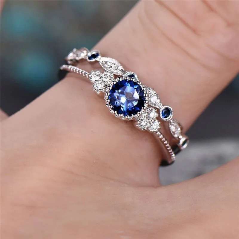 2pcs / set Luxury Green Blue Round Stone Crystal Rings for Women Silver Color Wedding Engagement Rings Jewelry