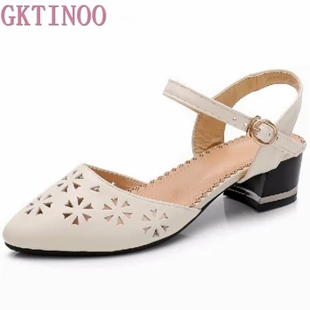 

GKTINOO Hollow-Out Women Sandals 2020 Summer Platform Genuine Leather Sandals Comfortable High Thick Heels Shoes Plus Size 34-43