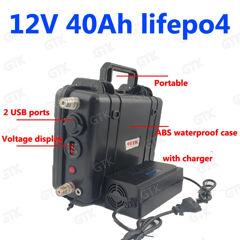 

Waterproof 12.8v 12v 40ah lifepo4 battery no 50Ah USB port for caravan camping market UPS backup power fishing + 6A charger