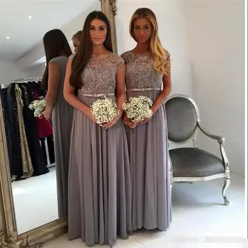 

Silver Lace Chiffon Modest Bridesmaid Dresses With Cap Sleeves Sheer Top A-line Floor Length Rustic Formal Brides Maid Gown Robe