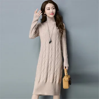 

2018 New Real Ukraine Vestido Longo Dress Women Dress High Collar Sweater Winter Large Size Padded Knitted Long Bottoming No497