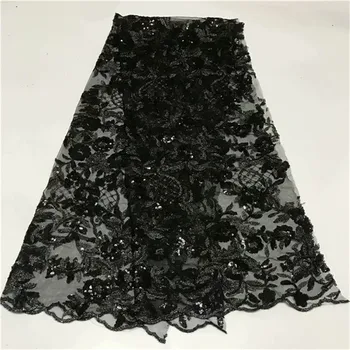 

French African Lace Fabric Guipure Sequined Beaded Cotton Cord Tulle Nigerian Tissu Mesh India Lace For Wedding Dress Black