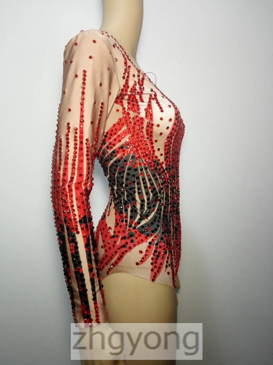 Full Diamond Female Leotard Bodysuit Red Black Crystals Long Sleeve Jumpsuit Nightclub Women Leading Dancer DJ DS Stage Costume cut out bodysuit