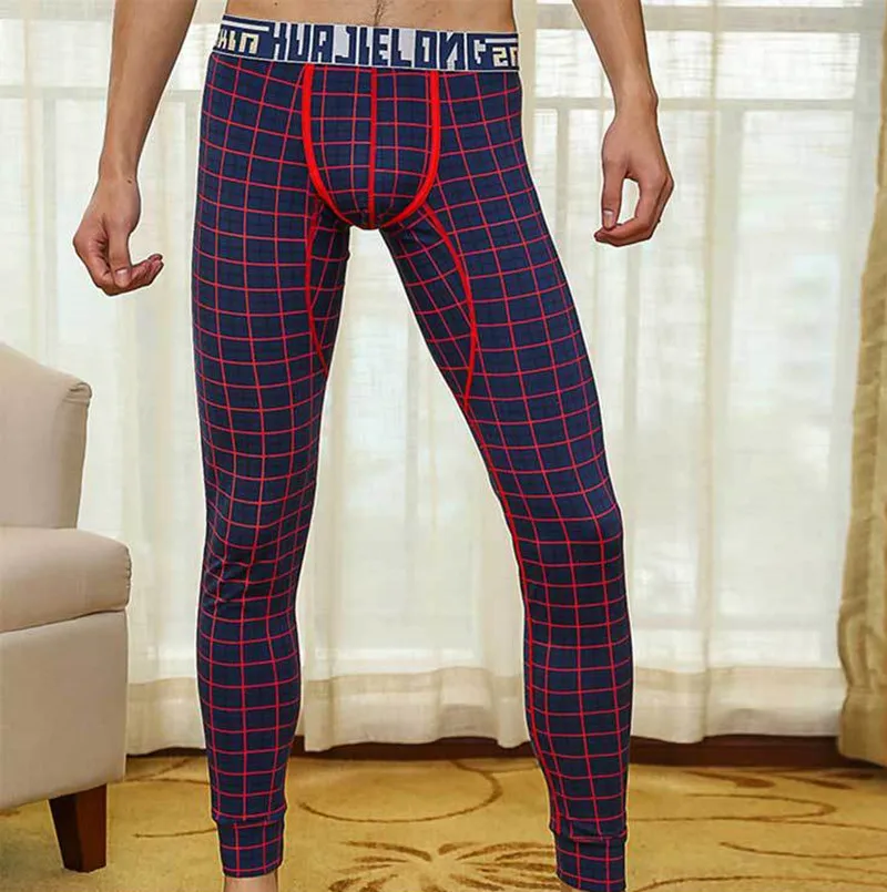 Brand mens long johns Combed cotton plaid men warm pants thin elastic