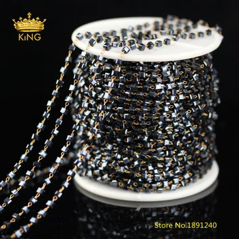 

5Meters Blue Black Color 2mm Cube Glass Beads Chains Findings,Wire Wrapped Small Square Glass Rosary Chains for Chokers ZJ227