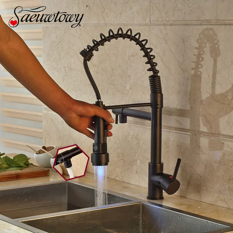 

Saeuwtowy Oil Rubbed Bronze Kitchen Faucet LED Hot and Cold Switch Mixer Tap pull down Spout 1 hole Sink Kitchen Faucet