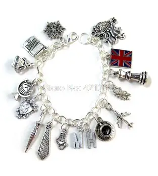 

12pcs Sherlock holmes inspired bracelet Mycroft Holmes style Charm Bracelet silver tone Charms bracelet