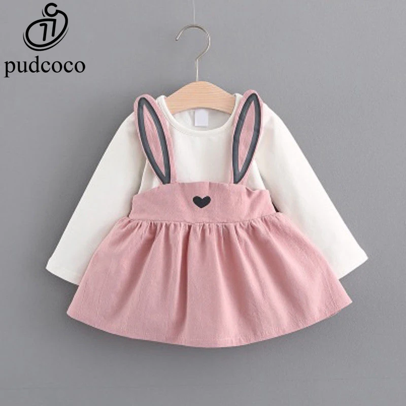 

Pudcoco New Cute Patchwork Rabbit Ear Cartoon Dress Girls Kids Baby Tulle Dress Long Sleeve Overall Tutu Party Casual Dresses