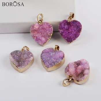 

BOROSA 10PCS Pink Heart Drusy Pendants Natural Agates Druzy Titanium AB Purple Love Gild Pendant For Necklace Girls Gifts G1829