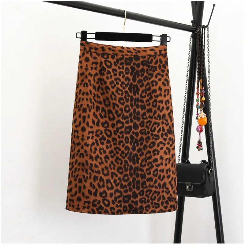 Женская юбка из искусственной замши с леопардовым принтом, с высокой талией, с разрезом сзади, длиной до колена, облегающая юбка-карандаш, осенне-зимняя винтажная одежда