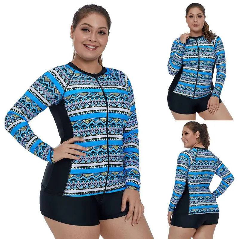 

Womens Plus Size One Piece Boyshorts Rashguard UV Protection Bohemian Colored Geometric Long Sleeve Zip Front Quick Dry Surfing
