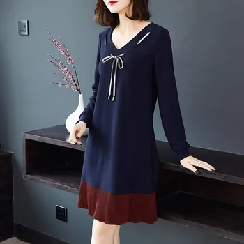 

L-5XL 2019Roupas Feminina Elegant Pleated dress contrast color V neck with bow cute dress cultivating vestidos Plus size tunics