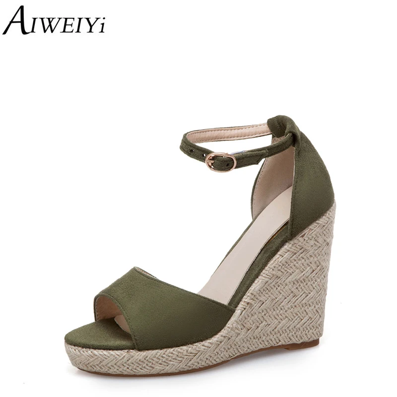 

AIWEIYi Spring Summer Women Sandals Casual Canvas Wedge Sandals Open Toe Ankle Strap High Heel Ladies Platform Pump Shoes