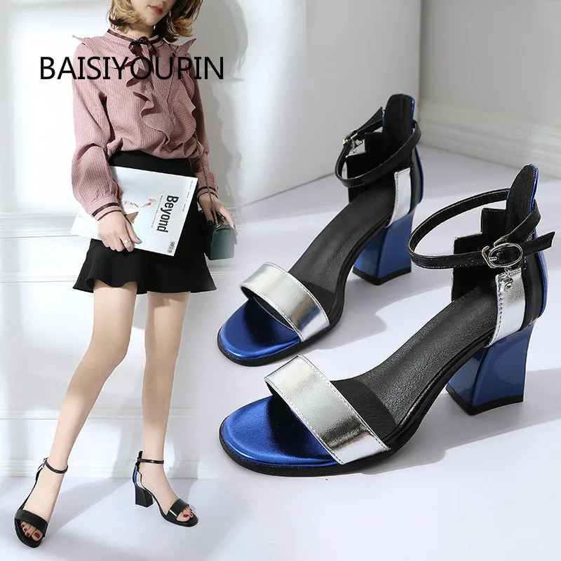 

Women Sandals Shoes Fashion Buckle Strap PU Leather Mixed Colors Non-slip Thick 7cm High Heels Lady Casual Female Pumps Shoes
