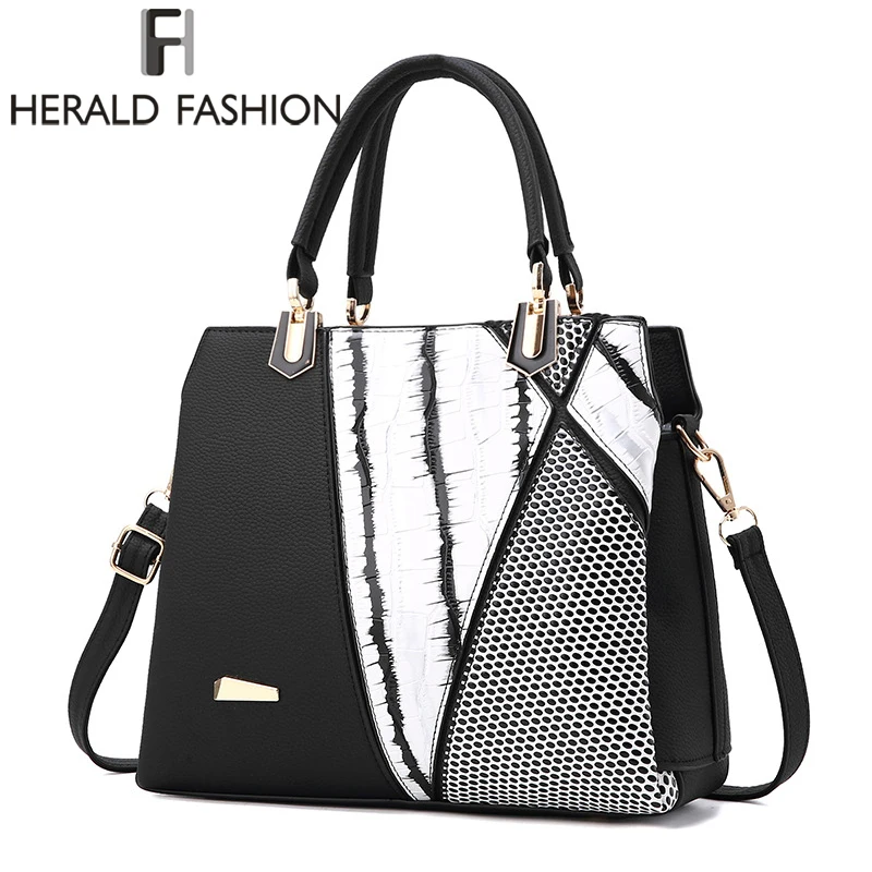 

Herald Fasion Women Brand New Design Handbag Black And White Stripe Tote Bag Female Shoulder Bags High Quality PU Leather Purse
