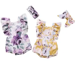 Милый Детский комбинезон для маленьких девочек, 2 предмета, с оборками и короткими рукавами, с открытой спиной с цветочным принтом