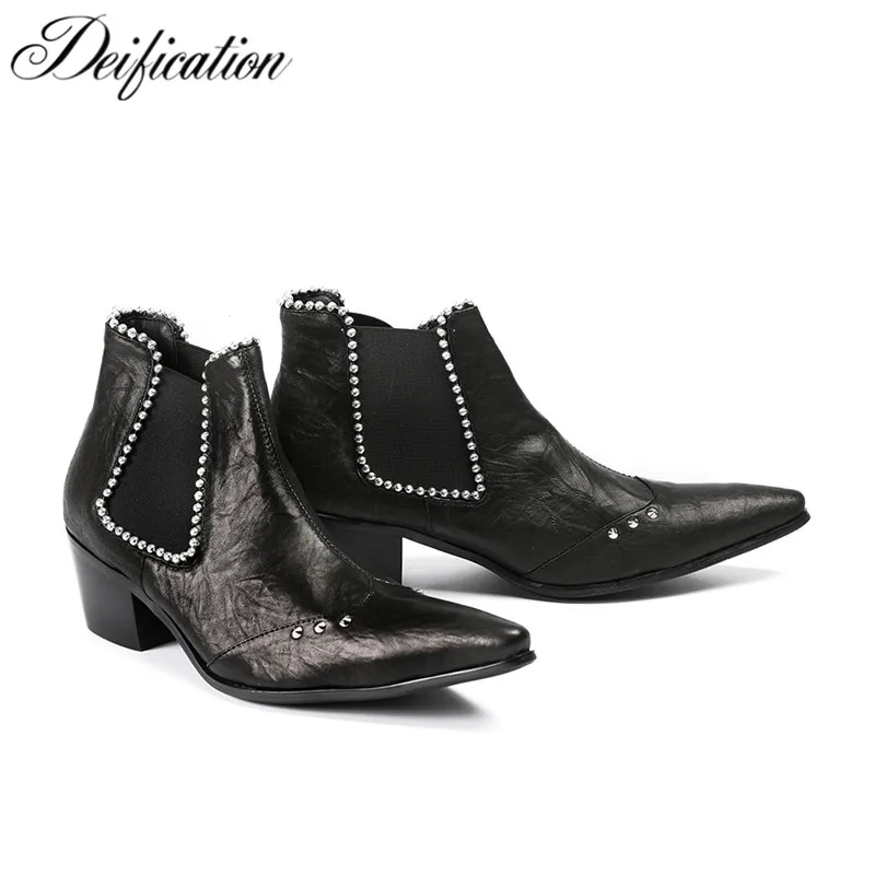 

Deification Luxury Black Men Chelsea Boots 2018 Genuine Leather Med Heel Ankle Boots For Men Militares Footwear Zobairou Botas