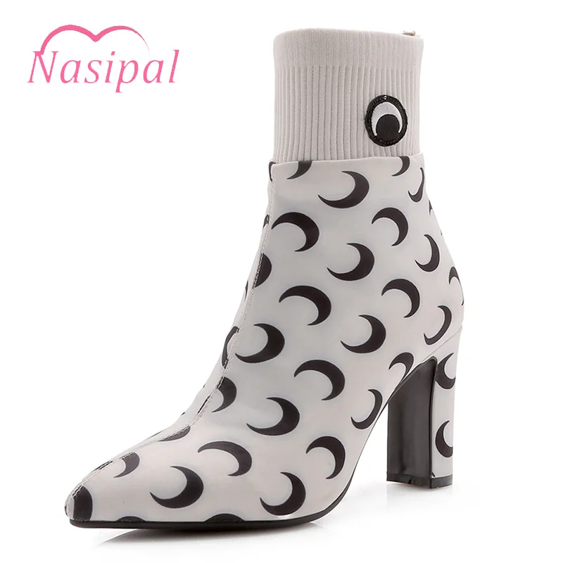 

Nasipal 2018 Autumn New Lycra Women Boots Pointed Toe Square Heel Shoes Woman Fashion Bota Feminina Ankle boots Black White M673