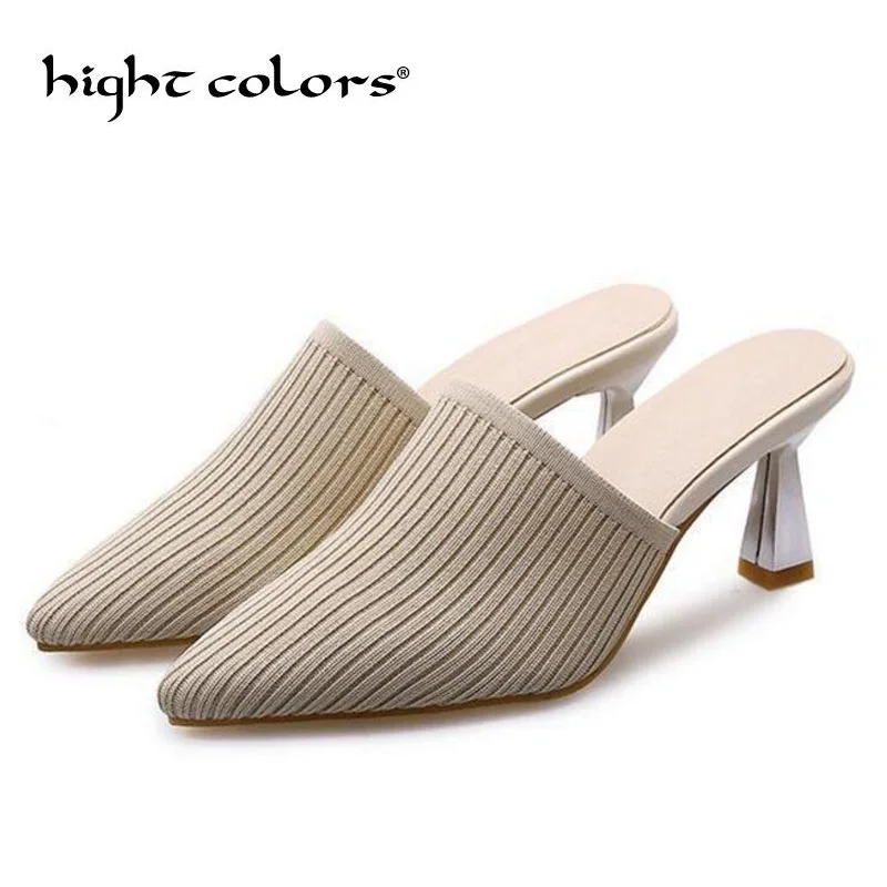 

2019 Fashion New Women Pumps Pointed Toe Elastic Fabric Lady Mules Shoes Black Apricot Slides High Heeled Female Shoes Size 43