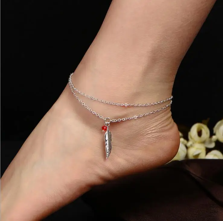 Metal Vintage Anklets For Women Red Beads Anklet Bracelet 2017 Fashion Feather Anklet Jewelry