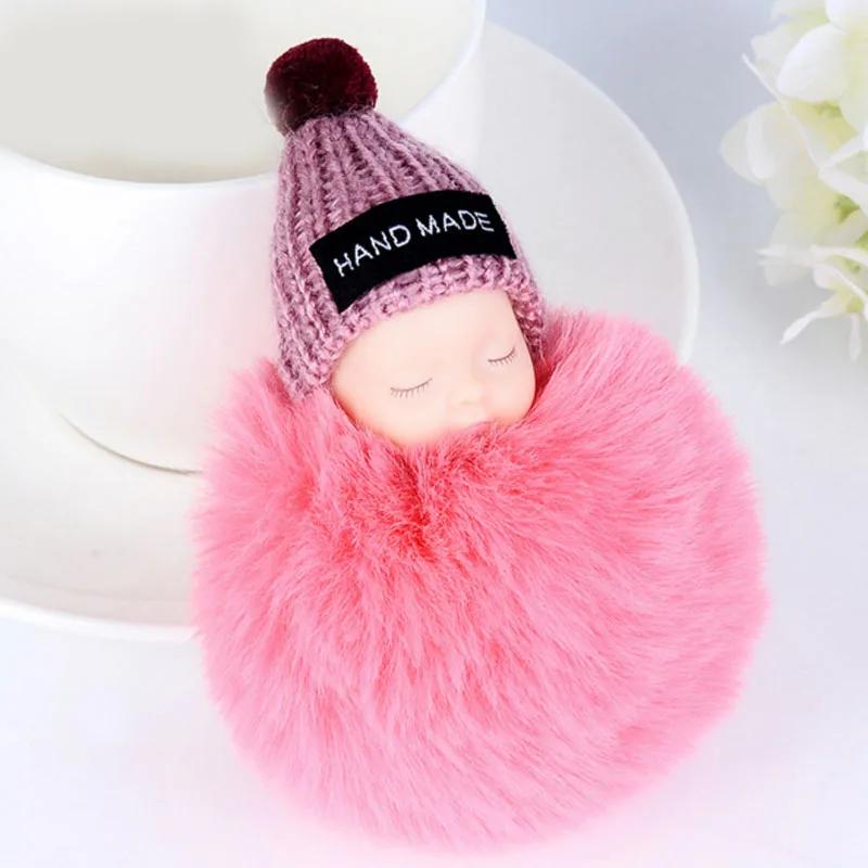 

Felyskep Fashion Sleeping Baby Doll Keychain Pompom Rabbit Fur Ball Key Chain for Women Key Ring Holder Charm Pendant 327YS