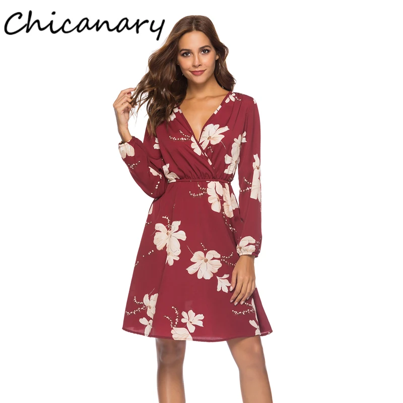 

Chicanary Floral Print Chiffon Dresses Long Sleeve Wrap V-neck One-piece Dress