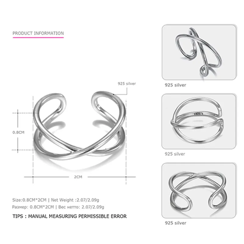 CC 925 чистого серебра кольца для женщин простой дизайн открытый 2 слоя Крест кольцо Модные ювелирные изделия праздничные аксессуары на подарок CC4000 - Цвет основного камня: Silver