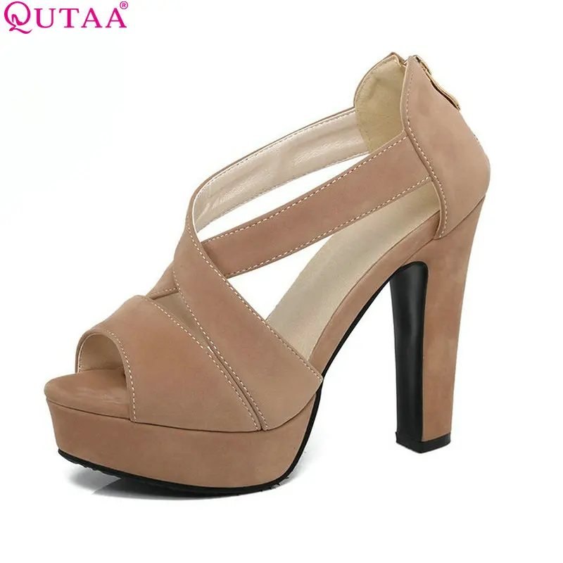 

QUTAA 2020 Women Pump Summer Ankle Strap Ladies Shoe Square High Heel Peep Toe Apricot PU Leather Woman Wedding Shoes Size 34-43