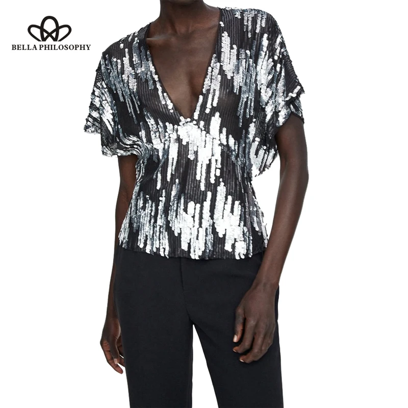 Wonder 2019 new Summer Spring Women Sequined Short Sleeve Blouse V-neck Sexy Female Color Block embroidery Female Shirt