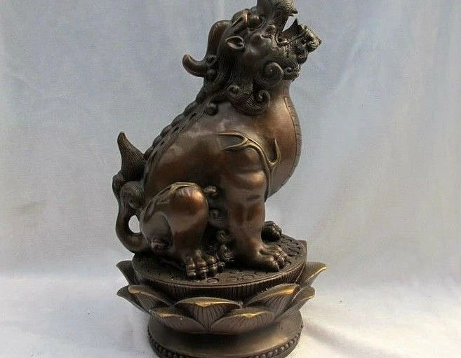

Chinese Bronze Feng Shui Avoid evil Foo Dogs Lion Dragon kylin on Lotus Base