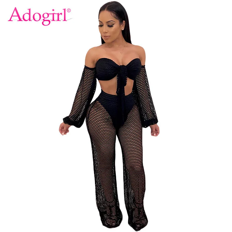

Adogirl Hollow Out Crochet Summer Beach Two Piece Set Women Sexy Front Tie Strapless Lantern Sleeve Crop Top + Wide Leg Pants