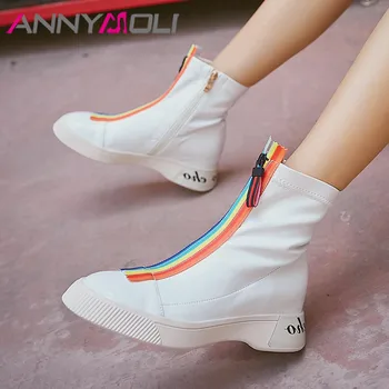

ANNYMOLI Women Autumn Ankle Boots Mixed Colors Height Increasing Short Boots Stretch Zipper Round Toe Shoes Ladies Beige Size 39