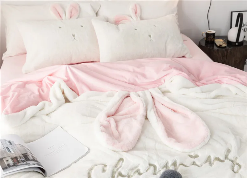 Розовый белый серый флис ткань зима толстый чистый цвет постельное белье набор норковая бархатная пододеяльник кровати застежки для простыни льняной чехол для подушки 4 шт
