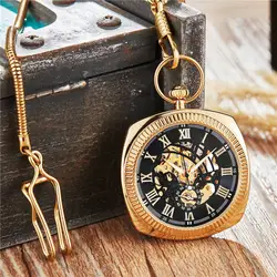 Роскошные красочные многоугольник дизайн механические карманные часы с FOB цепи Скелет стимпанк Рука Ветер Механические Мужские наручные