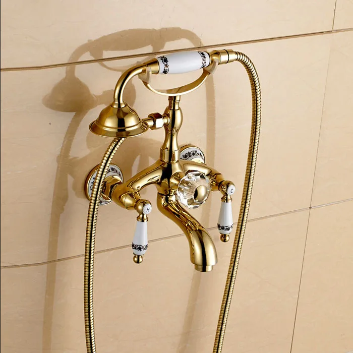 Dual Ceramic Handles Telephone Style Bath Tub Mixer Faucet Wall Mount Golden Handheld Bathtub Taps