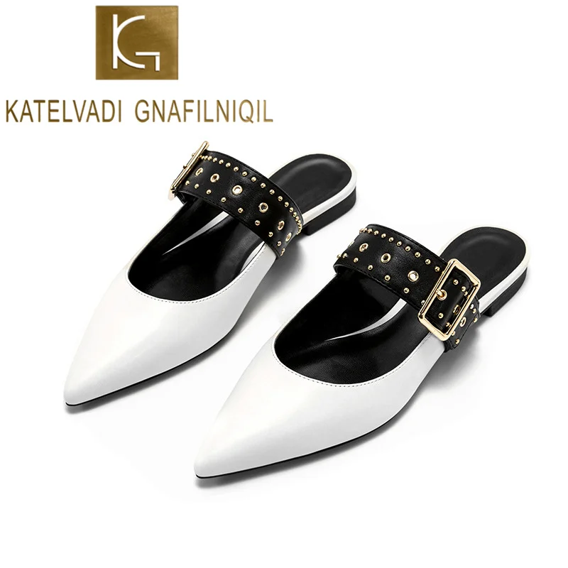 KATELVADI/женские шлепанцы; летние белые женские туфли из искусственной кожи на плоской подошве; модная летняя обувь с пряжкой; K-350 без задника