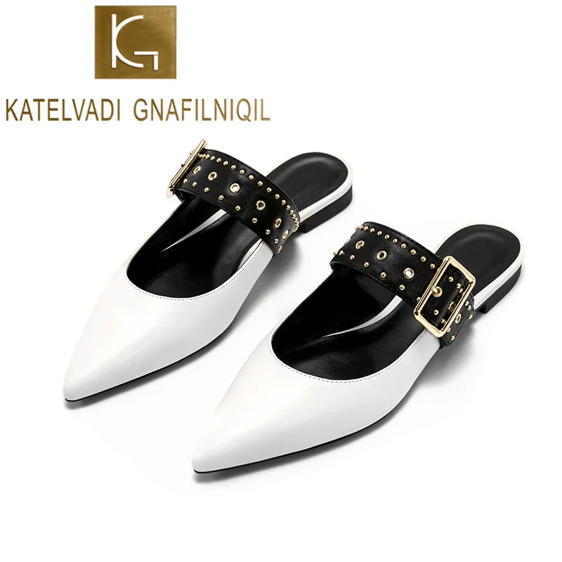 

KATELVADI Mules Women Slippers Summer White PU Leather Flats Women Shoes Buckles Fashion Summer Footwear Outside Slides K-350