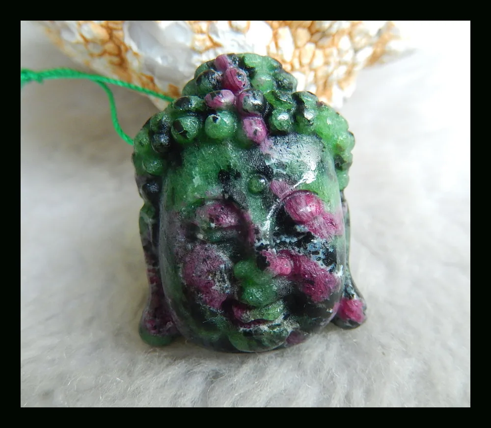 

Semiprecious Stones Carved Buddha Head Ruby and Zoisite Necklace Pendant,29x23x11mm 15.23g Natural Stone carving godness pendant