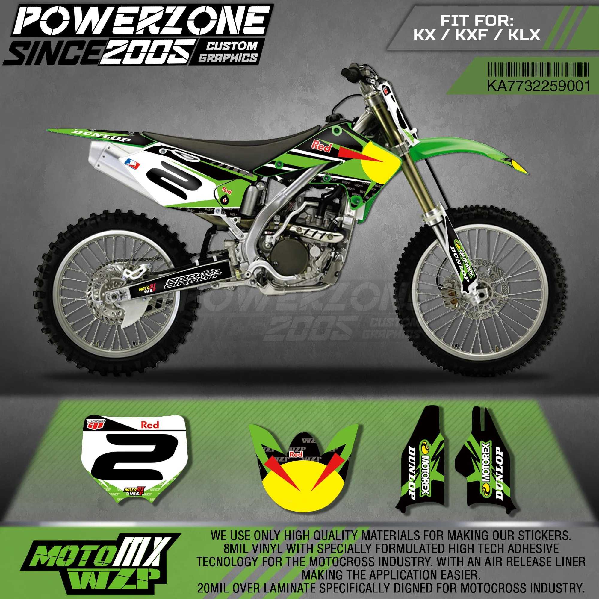 

PowerZone Custom Team Graphics Backgrounds Decals 3M Stickers Kit For Kawasaki KX250F 2004-2005 001