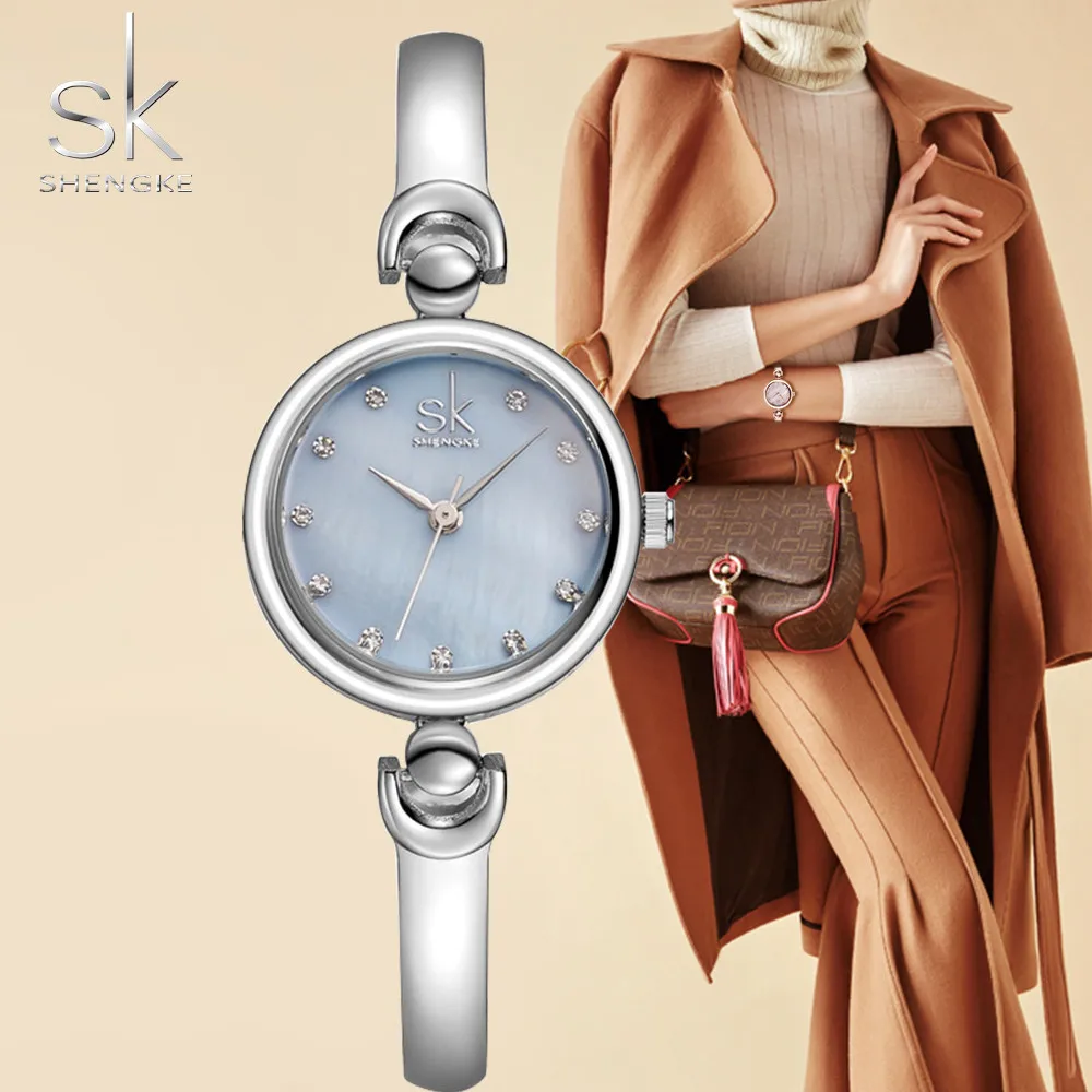 SHENGKE Reloj Mujer, модный браслет, наручные часы, тонкий скелет, ремешок, бриллиантовый циферблат, кварцевые часы для девушек, женские часы